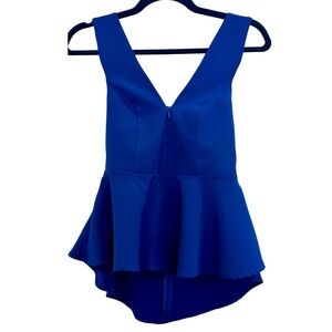 Lovers + friends royal blue sleeveless zip front peplum blouse w/ crossed back